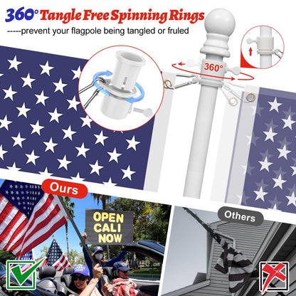 House Flag Pole Kit - 5ft Tangle Free Heavy Duty Flag Pole for Outside House,Decorative Metal Flag Poles for Outdoor Front Porch Boat Truck, Wall Mount & Portable 3x5 Hand Held Flagpole - White