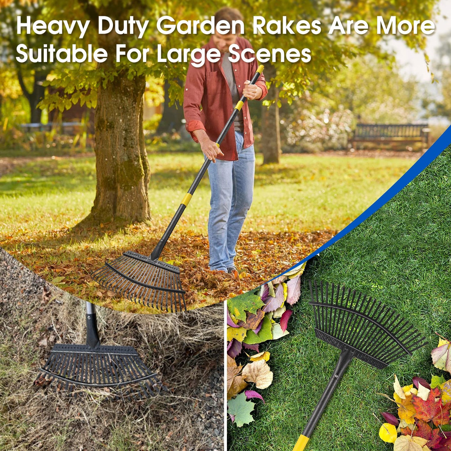 65 Inch Rake for Leaves, Rakes with 25 Metal Tines Ergonomics Adjustable Handle